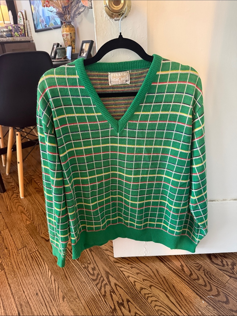 Vintage Green Windowpane V-Neck Sweater with Multicolor Stripes